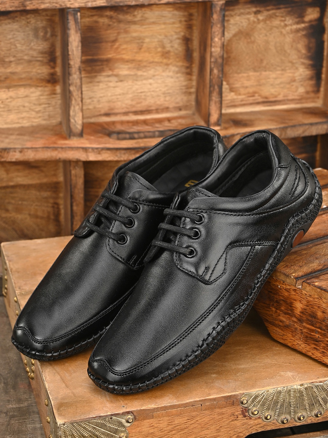 

Mactree Men Black Solid Leather Formal Derbys