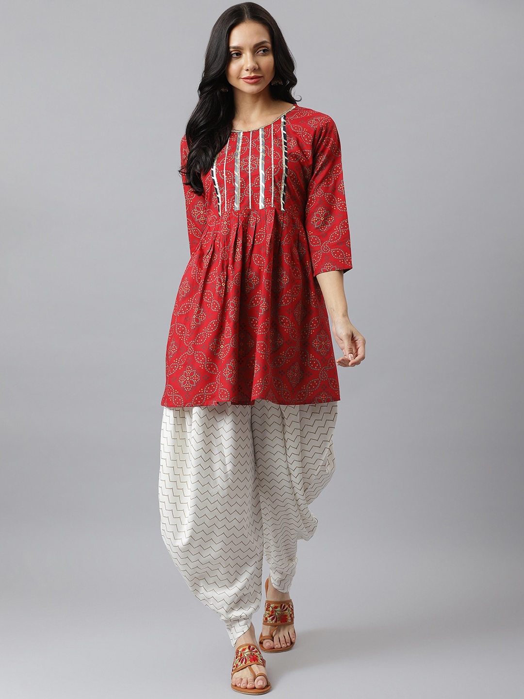 

Stylum Women Maroon & Off-White Bandhani Printed Pleated Kurta with Dhoti Pants