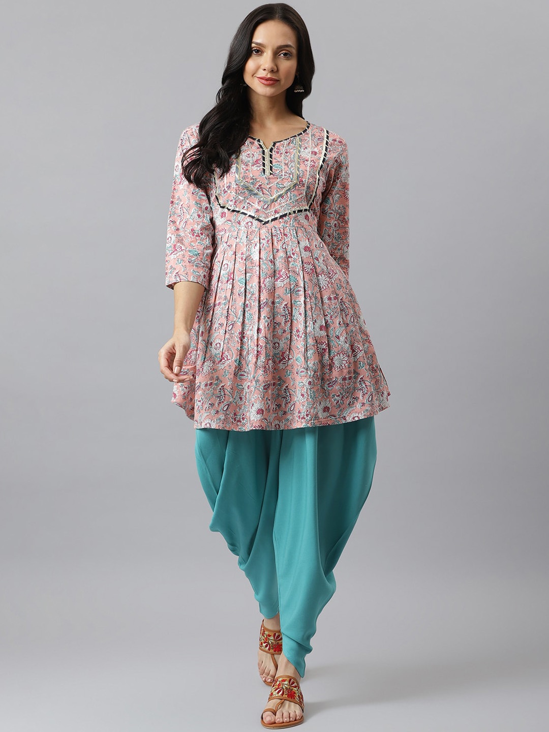 

Stylum Women Pink & Turquoise Blue Floral Printed Pure Cotton Kurta with Dhoti Pants