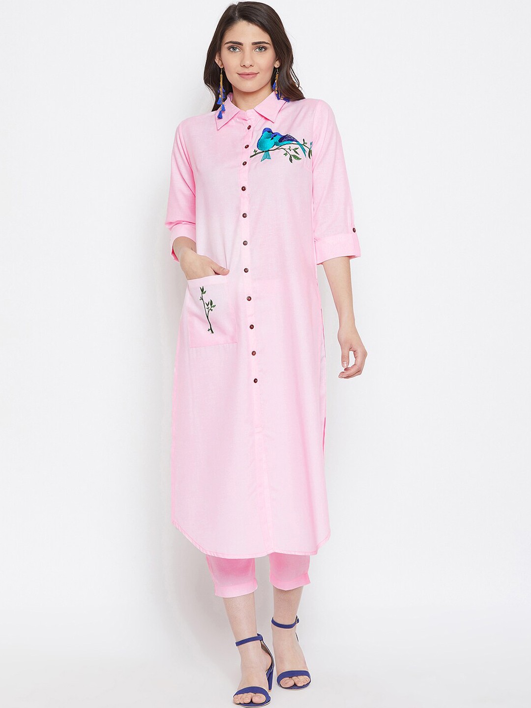 

Bitterlime Women Pink Embroidered Kurta with Trousers