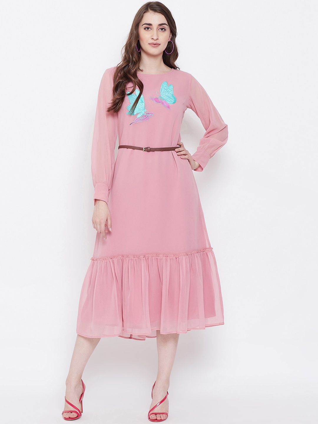 

Bitterlime Peach-Coloured Embroidered Georgette Cuff Sleeve Dress
