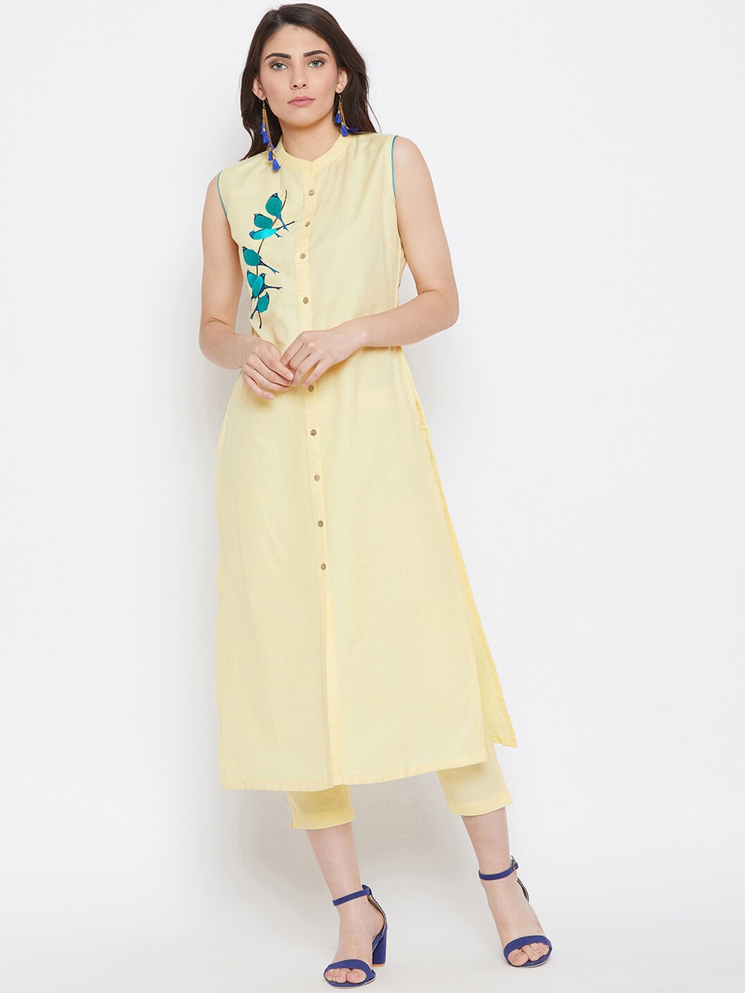 

Bitterlime Women Yellow Embroidered Regular Sleeveless Kurta with Trousers