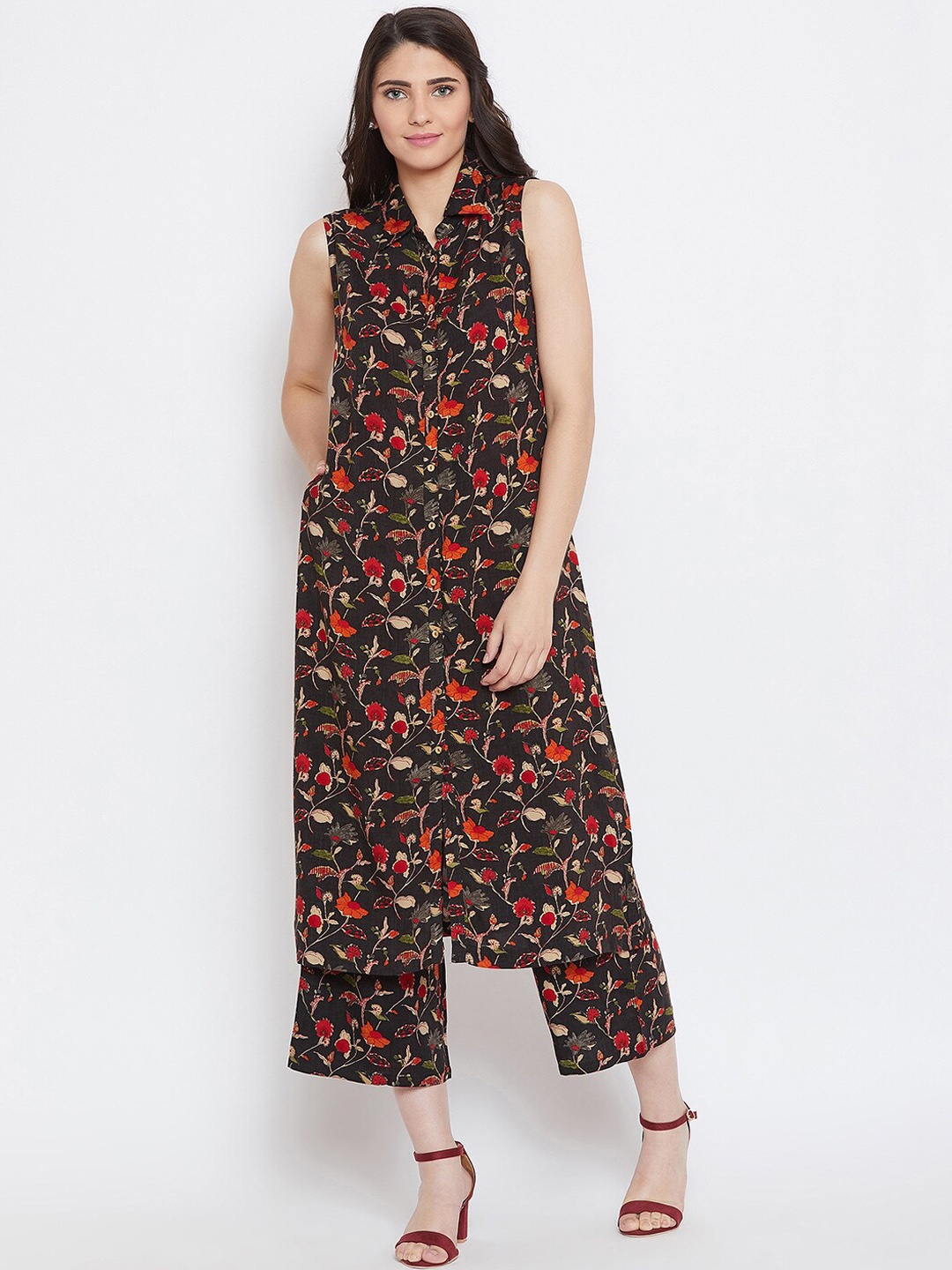 

Bitterlime Women Brown & Red Floral Printed Regular Kurta with Trousers