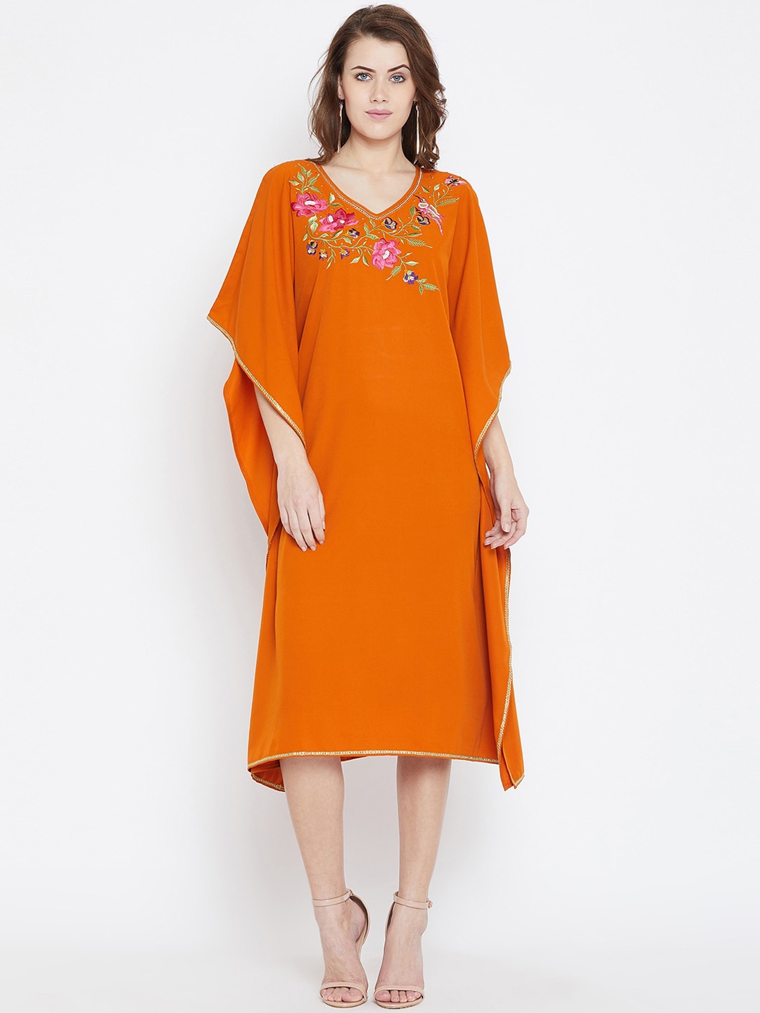 

Bitterlime Rust Floral Embroidered Crepe Kaftan Midi Dress