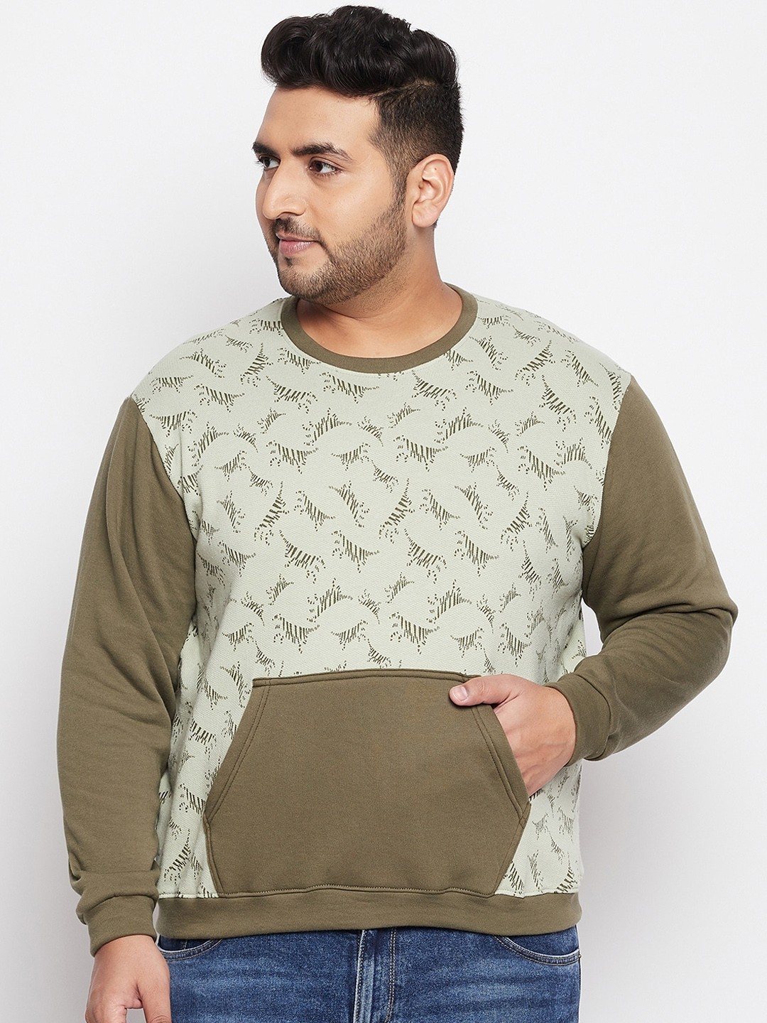 

bigbanana Men Olive Green & Grey Colourblocked Sweatshirt