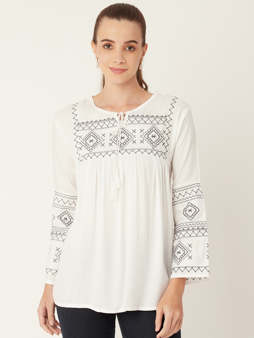 

urSense White Embroidered Tie-Up Neck Regular Top