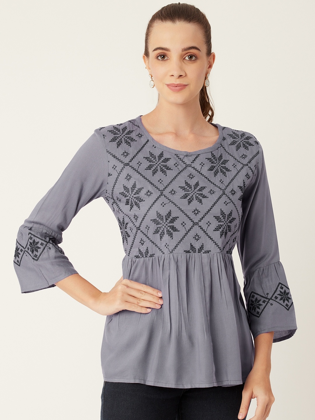 

urSense Grey Floral Embroidered Bell Sleeved Regular Top