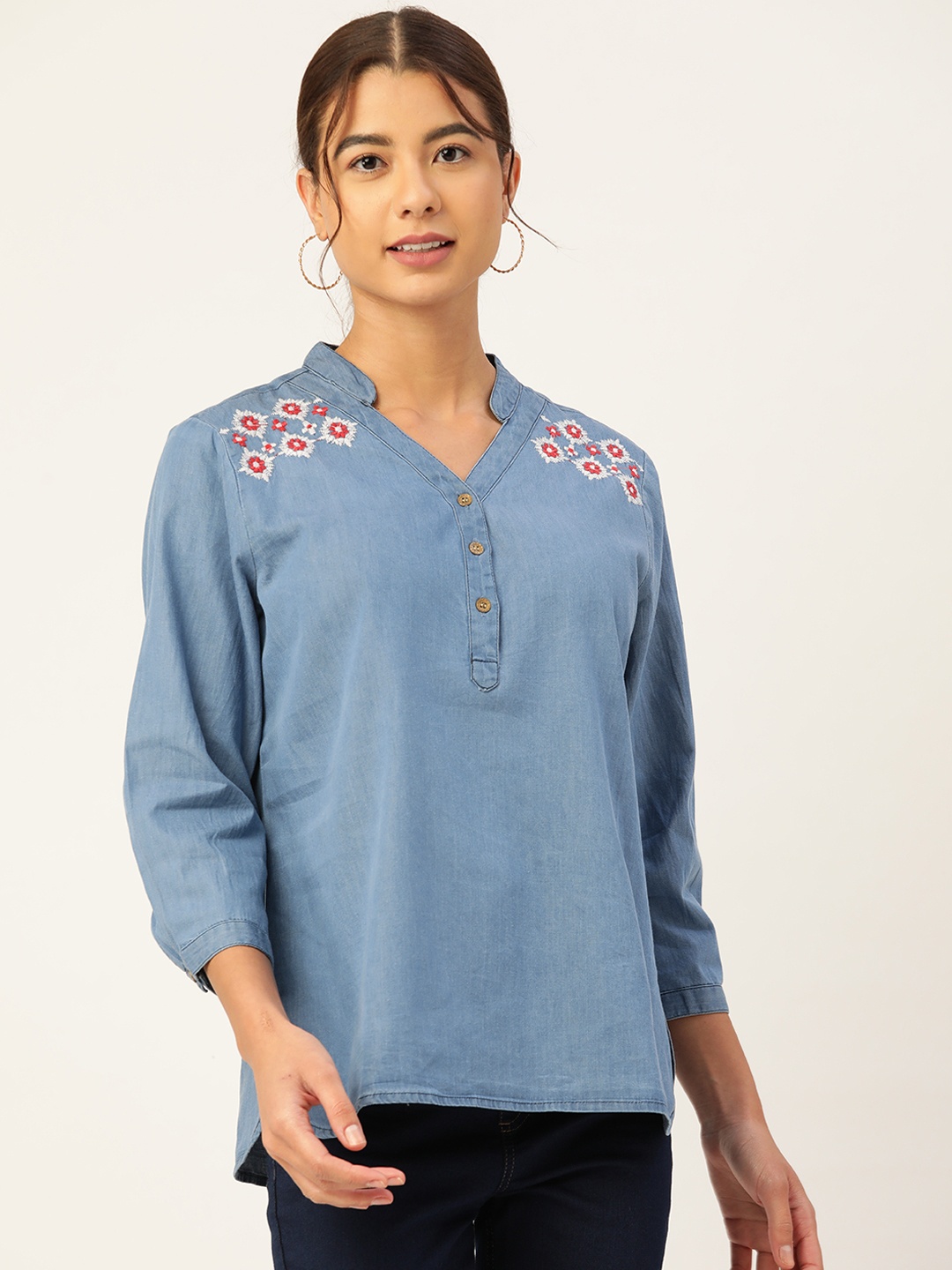 

urSense Blue & White Mandarin Collar Denim Regular Top