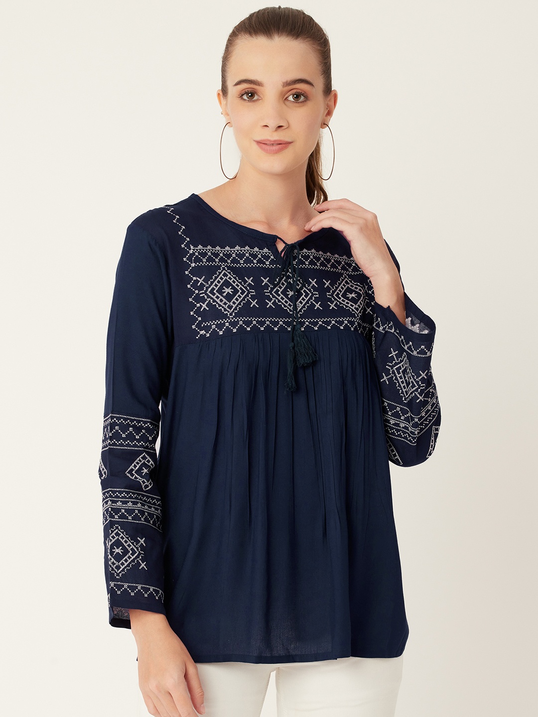 

urSense Navy Blue Embroidered Tie-Up Neck Regular Top