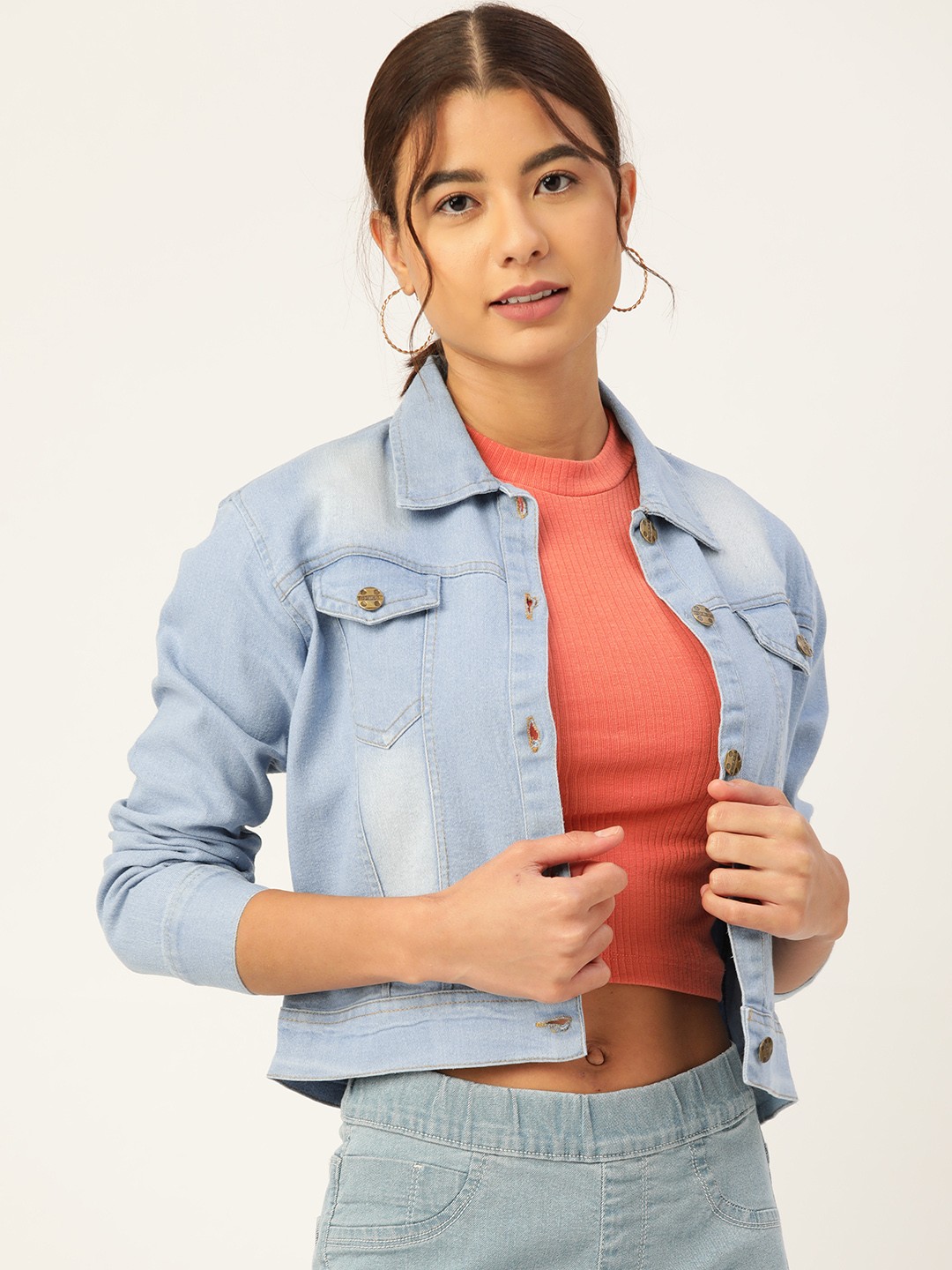 

urSense Women Blue Cotton Washed Denim Jacket