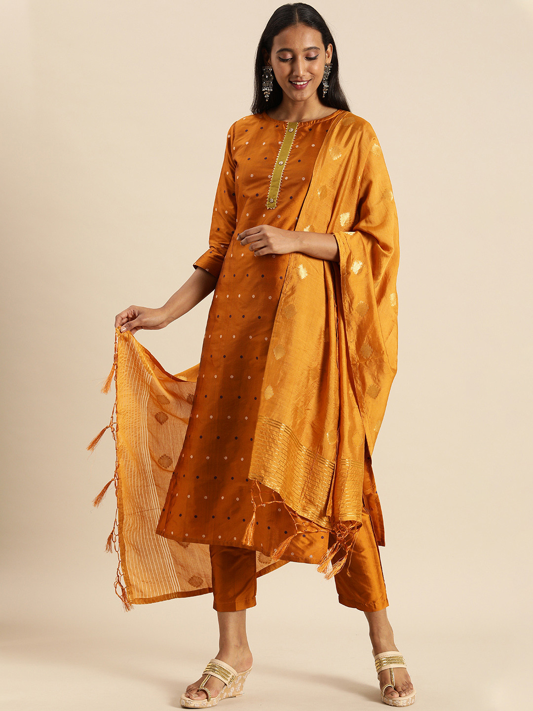 

Tikhi Imli Women Mustard Yellow Regular Kurta with Trousers & With Dupatta