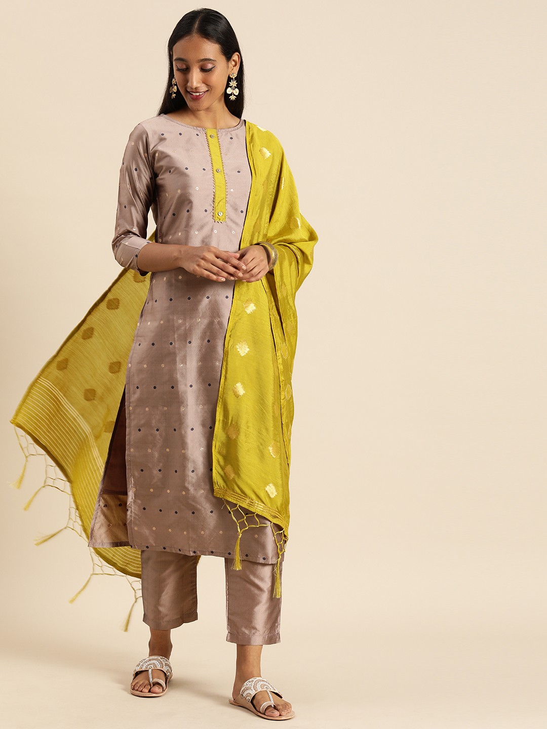 

Tikhi Imli Women Taupe Regular Gotta Patti Kurta with Trousers & With Dupatta
