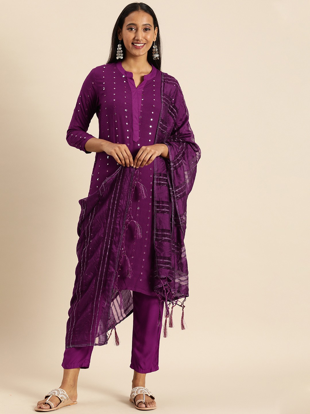 

Tikhi Imli Women Purple Embroidered Regular Mirror Work Kurta with Trousers & With Dupatta