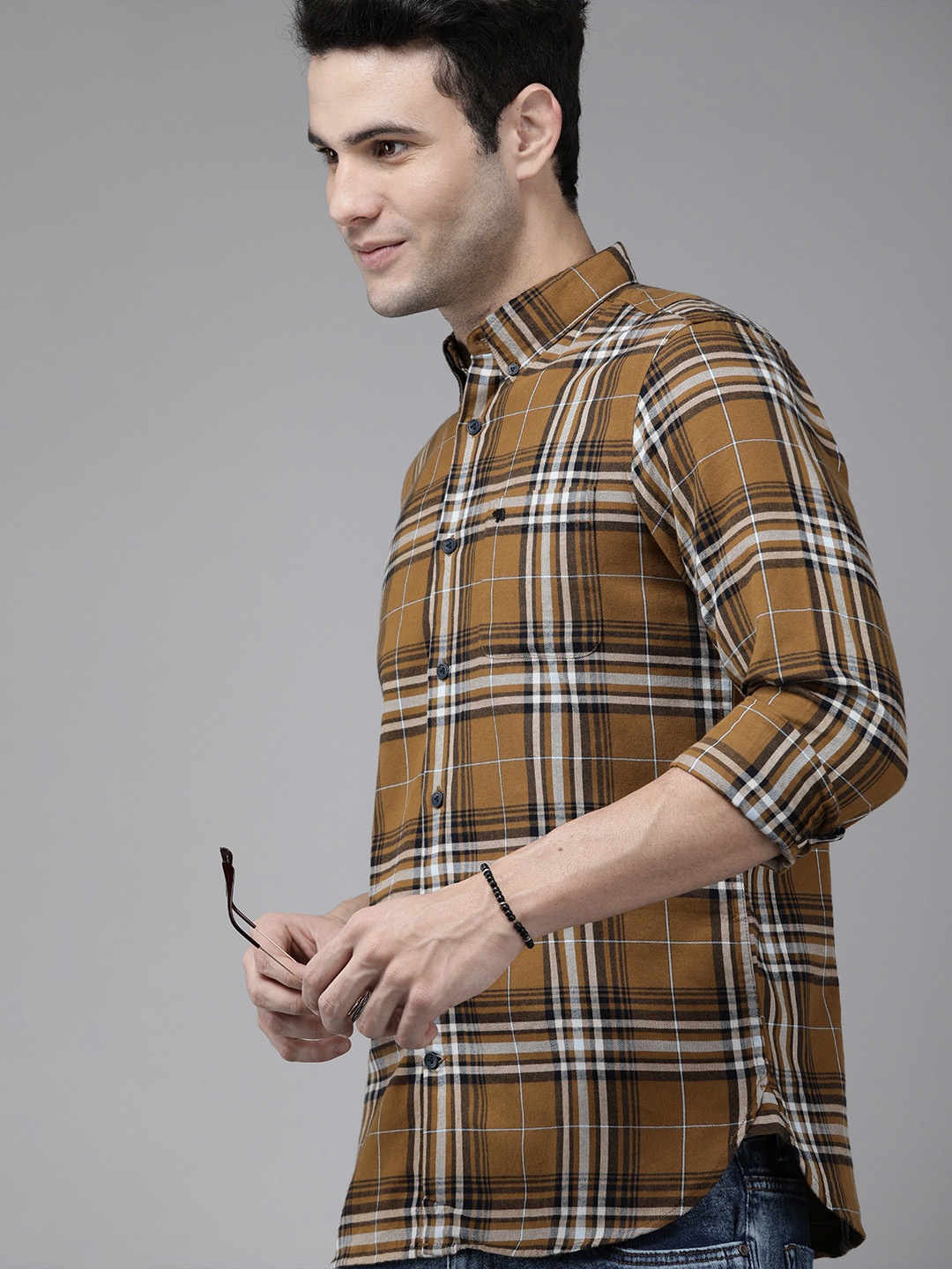 

THE BEAR HOUSE Men Brown Slim Fit Tartan Checked Casual Shirt