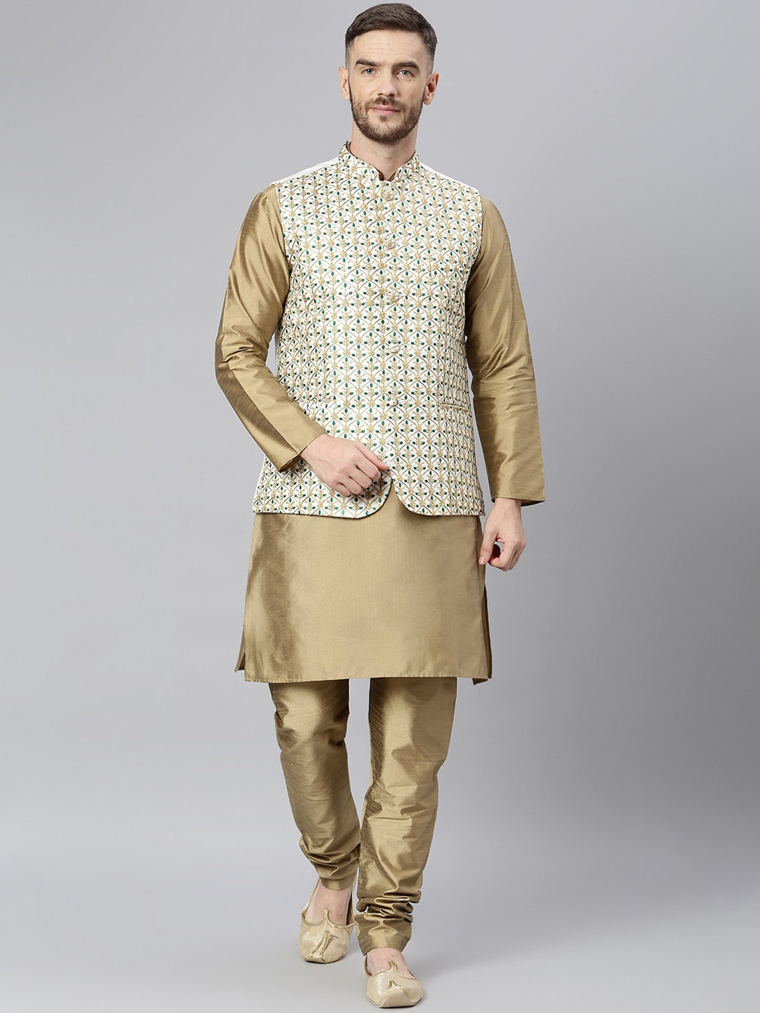 

Hangup Men Khaki Embroidered Kurta with Churidar & Nehru Jacket