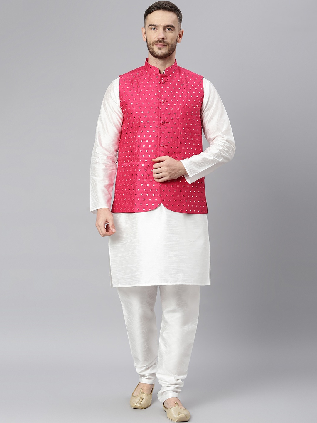 

Hangup Men White Layered Dupion Silk Kurta Churidar With Nehru Jacket