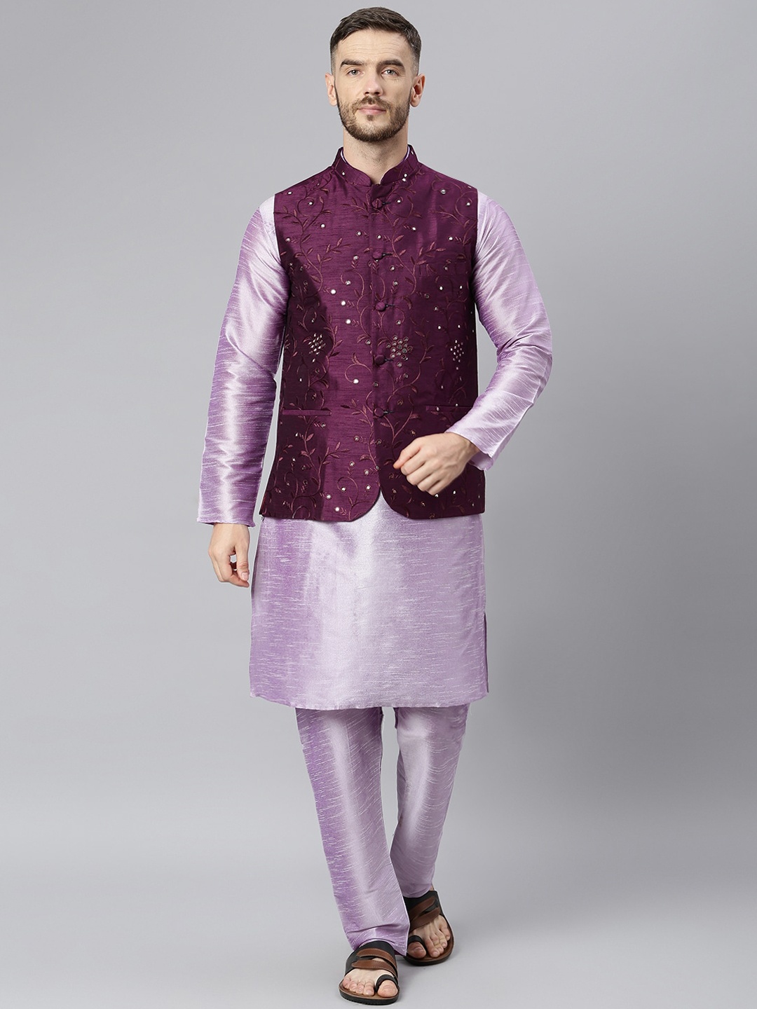 

Hangup Men Purple & Lavender Regular Dupion Silk Kurta With Pyjamas & Nehru Jacket