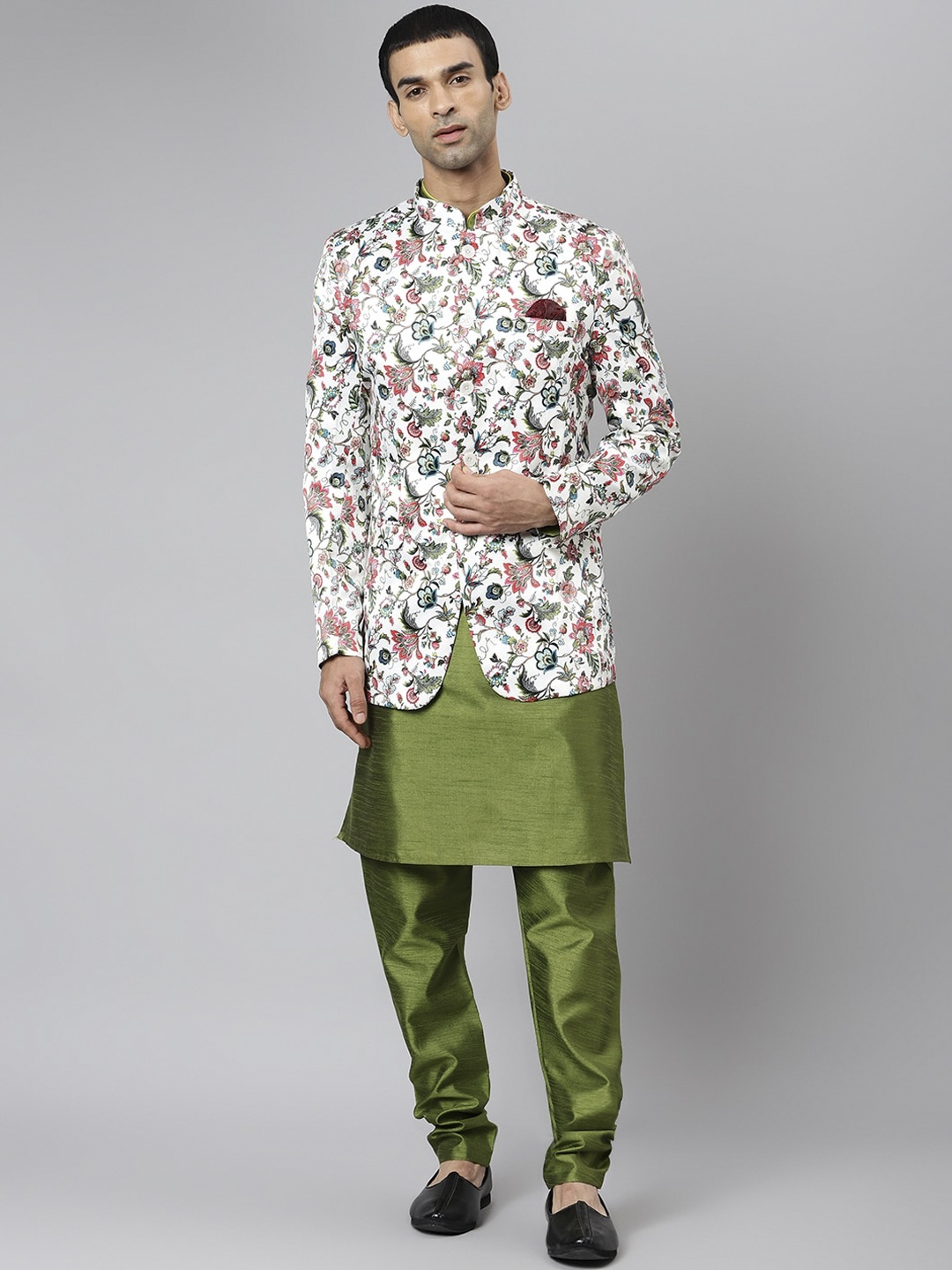 

Hangup Men Green Floral Regular Dupion Silk Kurta with Churidar & Blazer