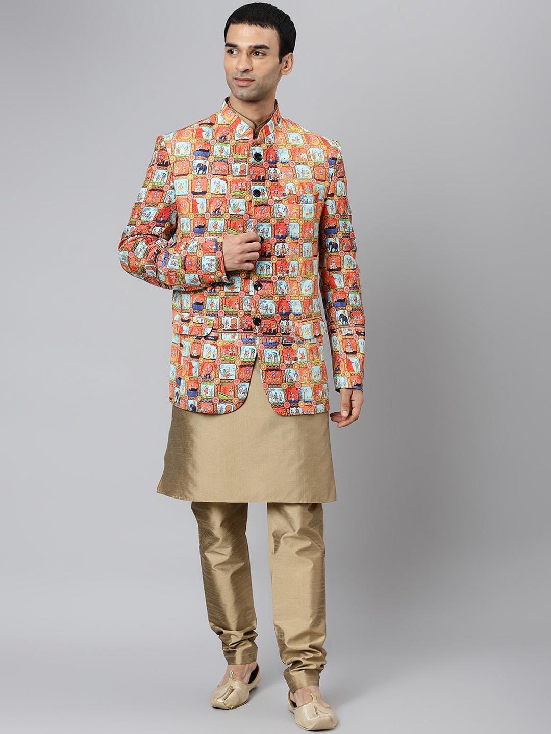 

Hangup Men Khaki Layered Dupion Silk Kurta with Churidar & With Blazer