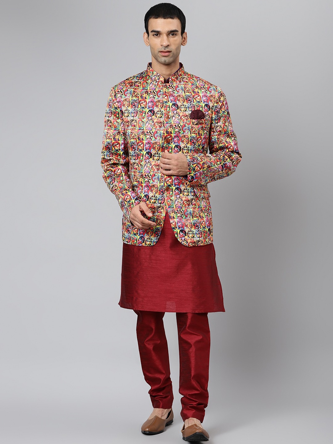 

Hangup Men Maroon Regular Dupion Silk Kurta with Churidar