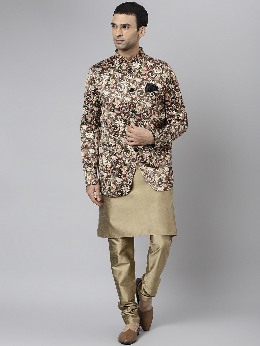 

Hangup Men Khaki Regular Dupion Silk Kurta with Churidar & With Blazer