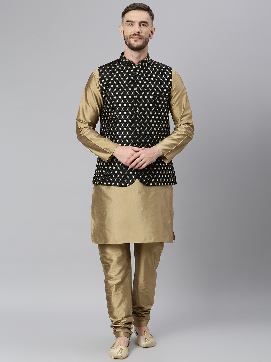 

Hangup Men Khaki & Black Mirror Work Dupion Silk Kurta with Churidar & Nehru Jacket