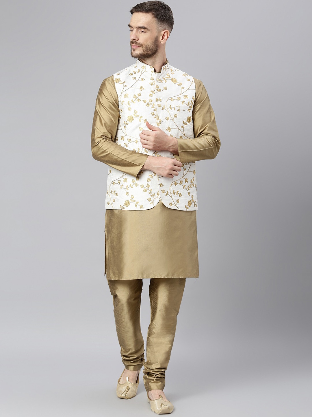 

Hangup Men Khaki Regular Dupion Silk Kurta with Churidar & Nehru Jacket