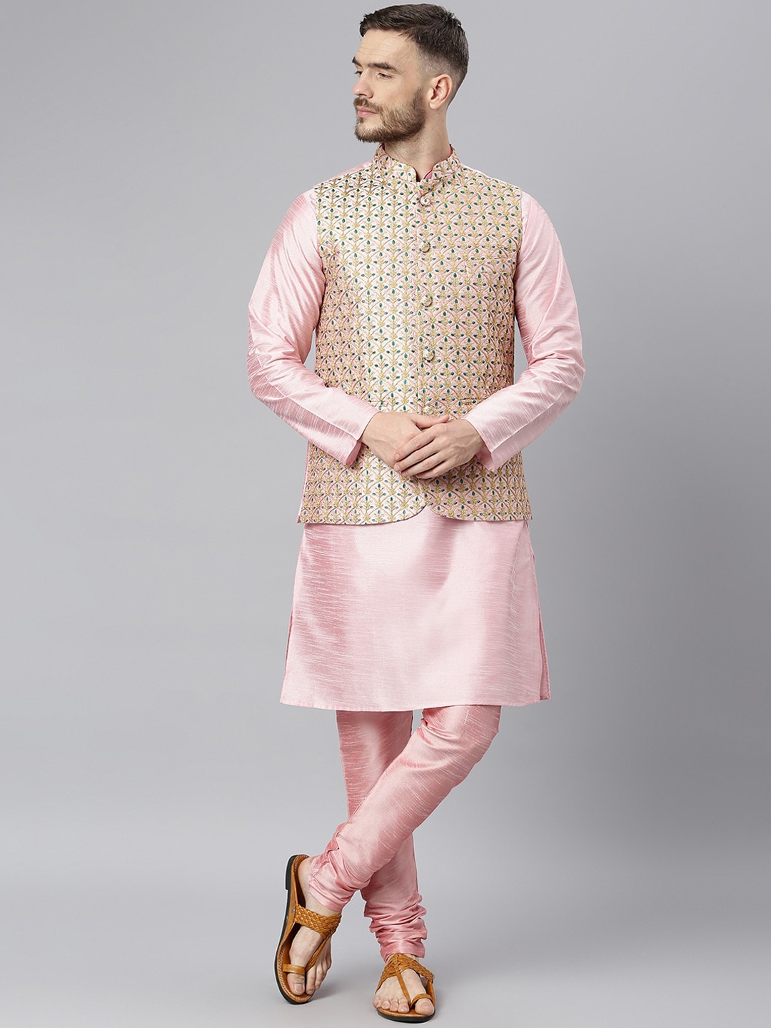 

Hangup Men Pink Regular Dupion Silk Kurta with Churidar & With Nehru Jacket