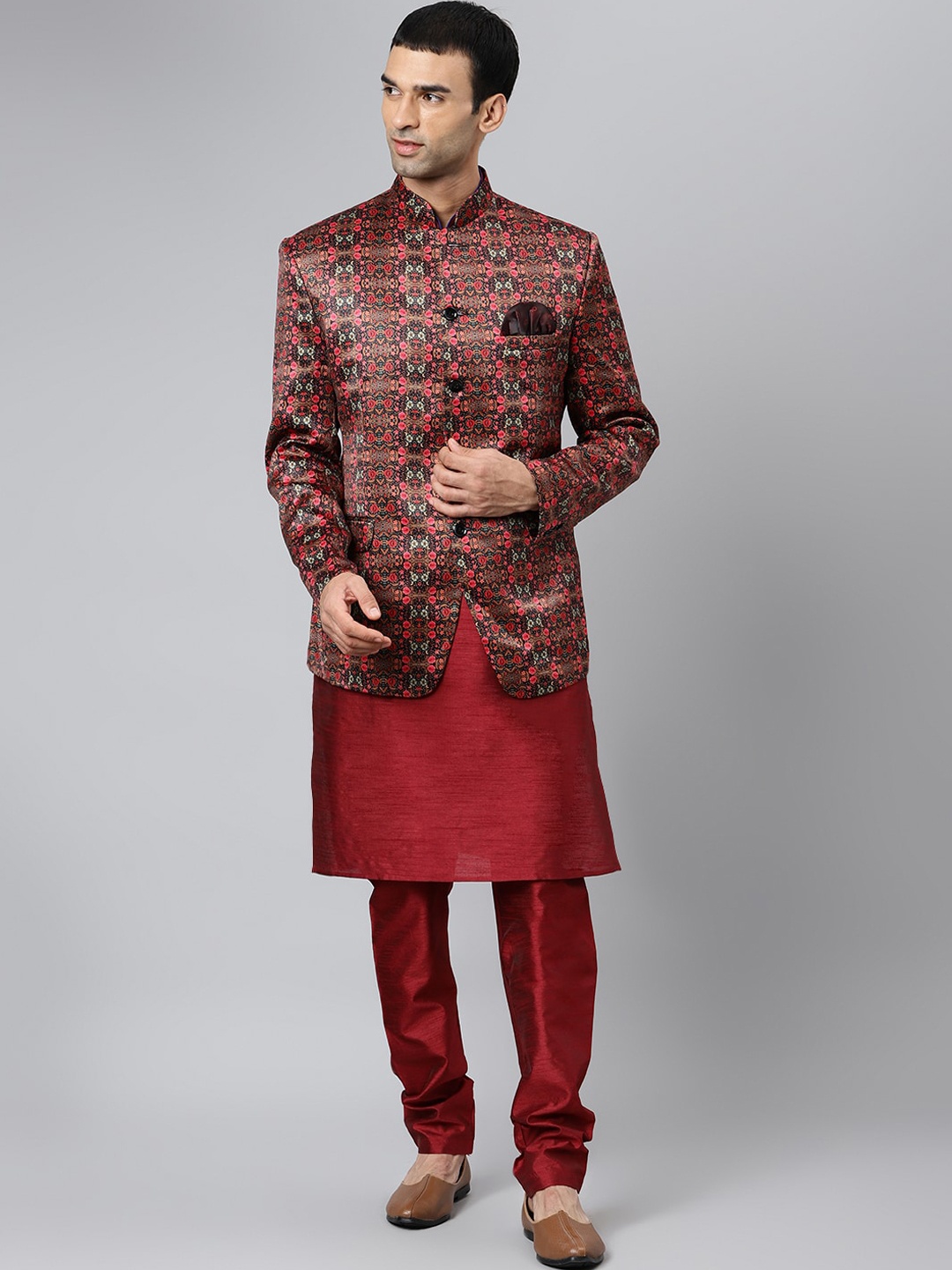 

Hangup Men Maroon & Pink Regular Dupion Silk Kurta with Churidar & Blazer