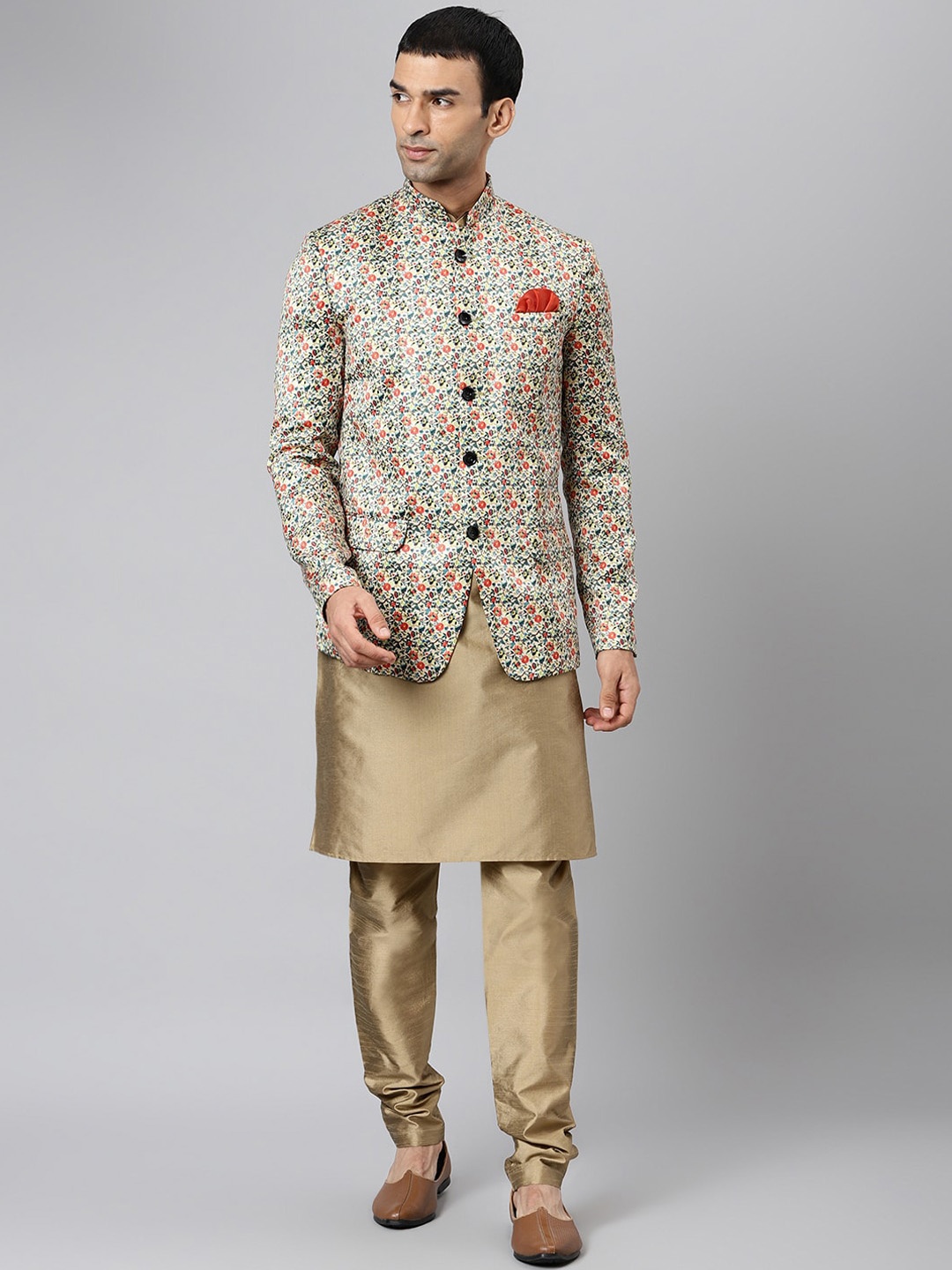 

Hangup Men Khaki Floral Printed Kurta with Churidar & Blazer