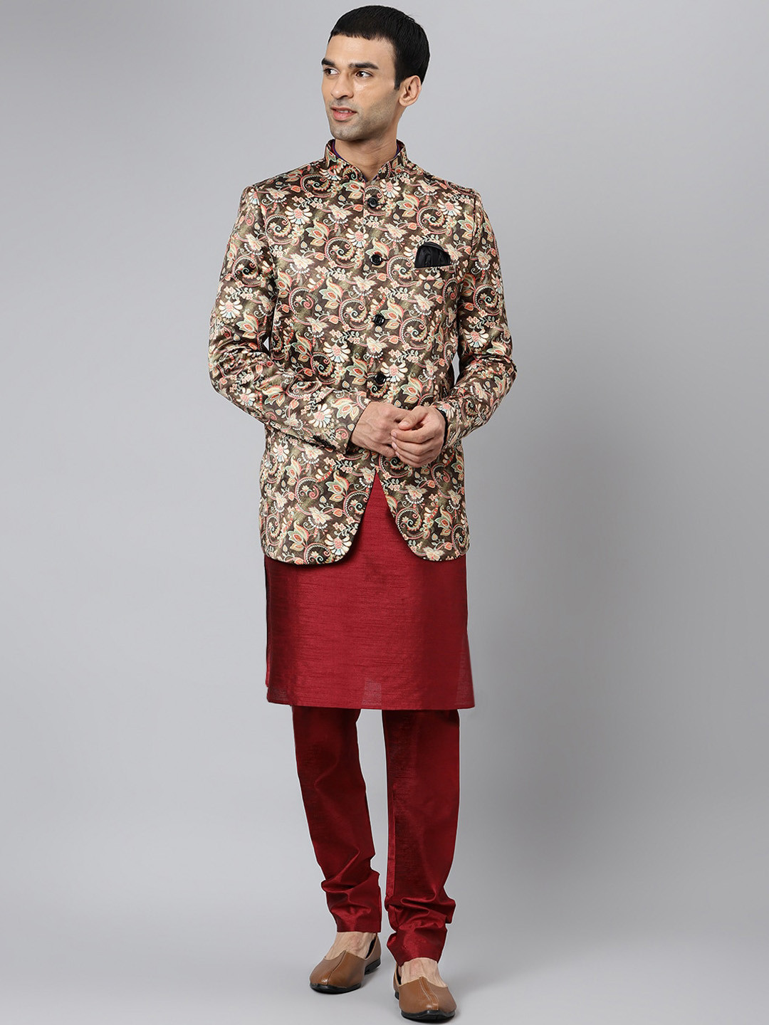 

Hangup Men Maroon Angrakha Dupion Silk Kurta with Churidar With Jacket