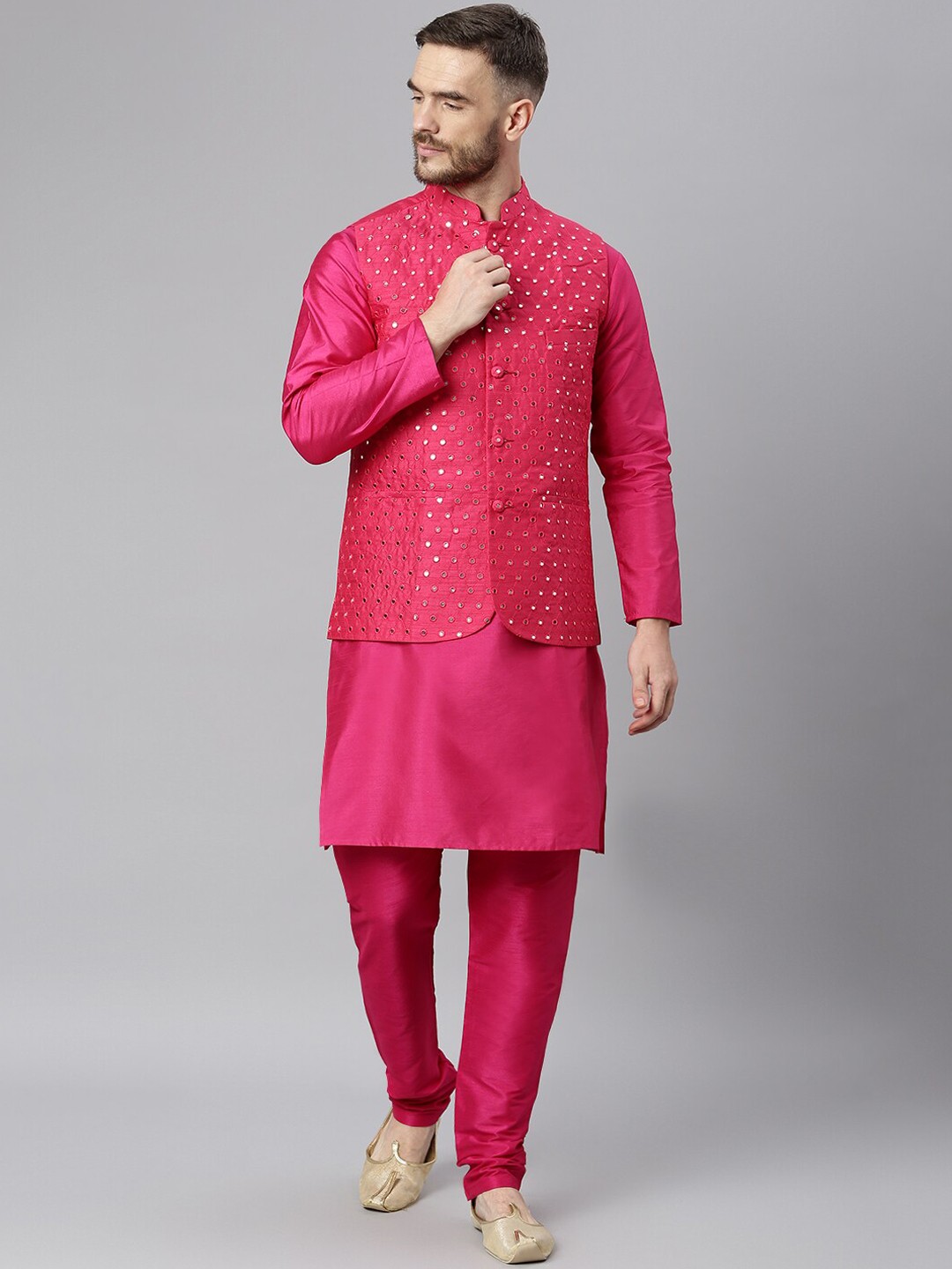 

Hangup Men Pink Regular Dupion Silk Kurta with Churidar