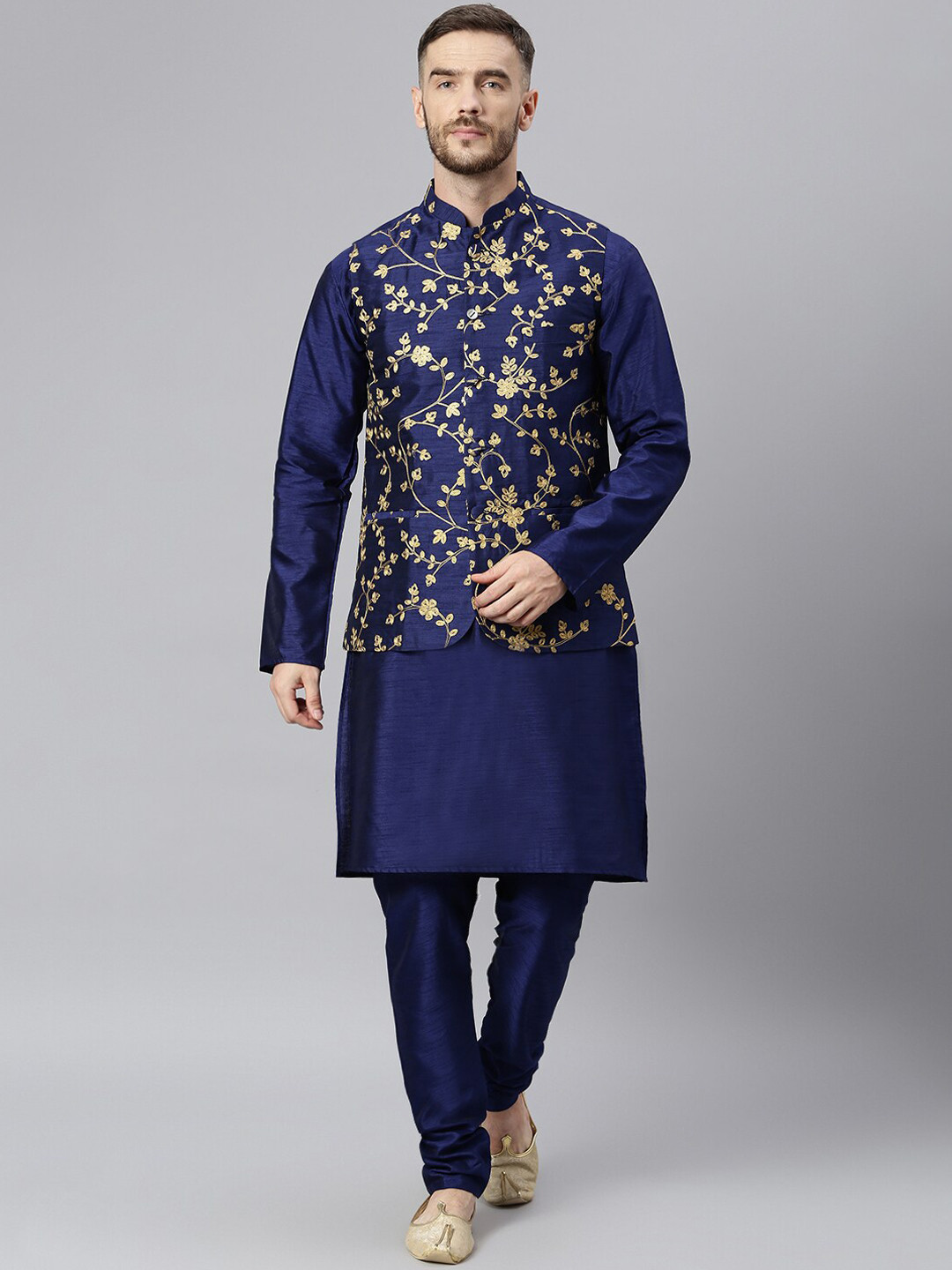 

Hangup Men Navy Blue Regular Dupion Silk Kurta with Churidar & With Nehru Jacket