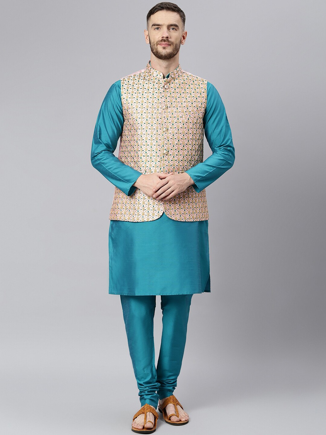 

Hangup Men Blue Layered Dupion Silk Kurta Churidar With Nehru Jacket