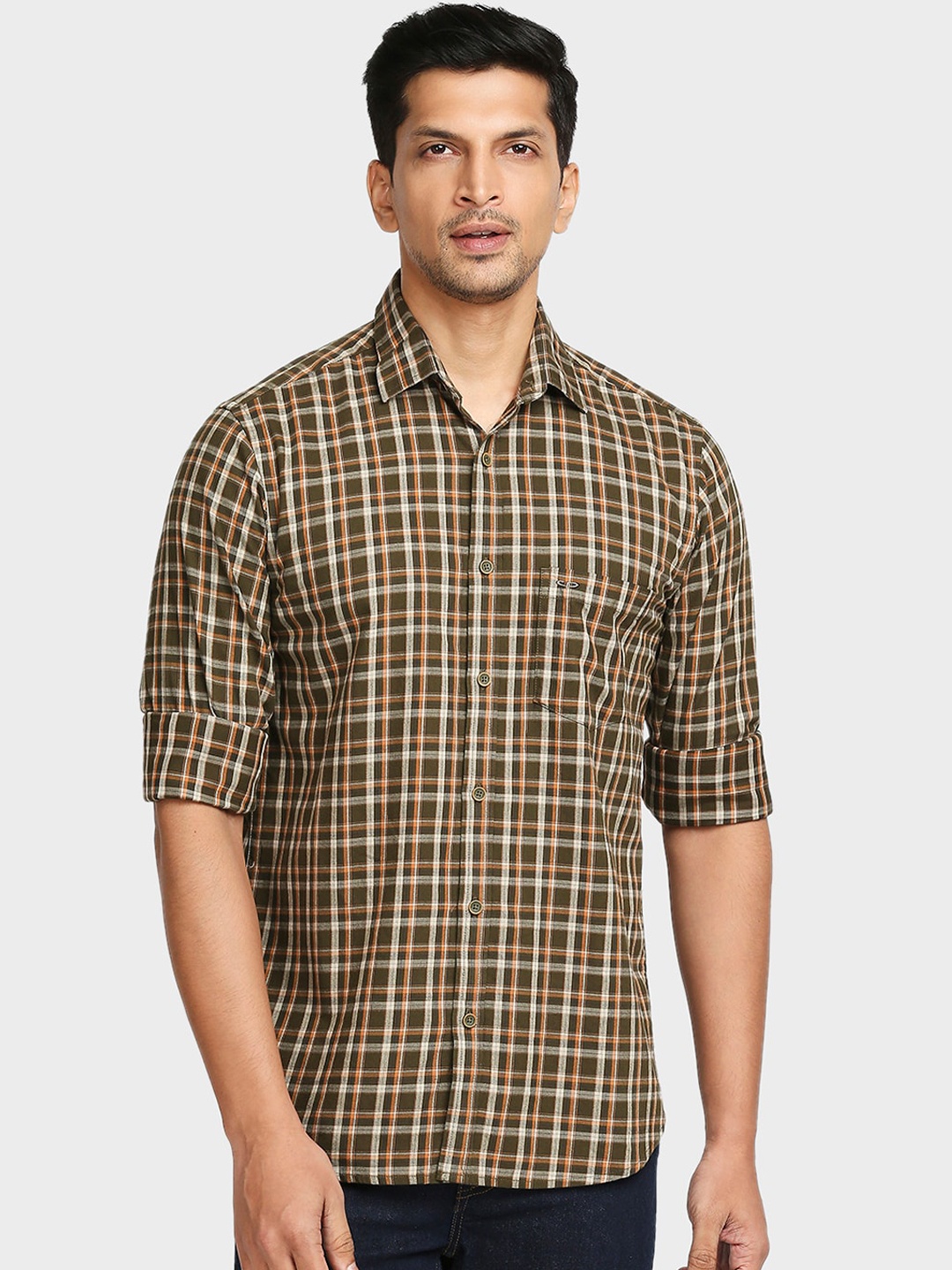 

ColorPlus Men Green Tailored Fit Opaque Checked Casual Shirt