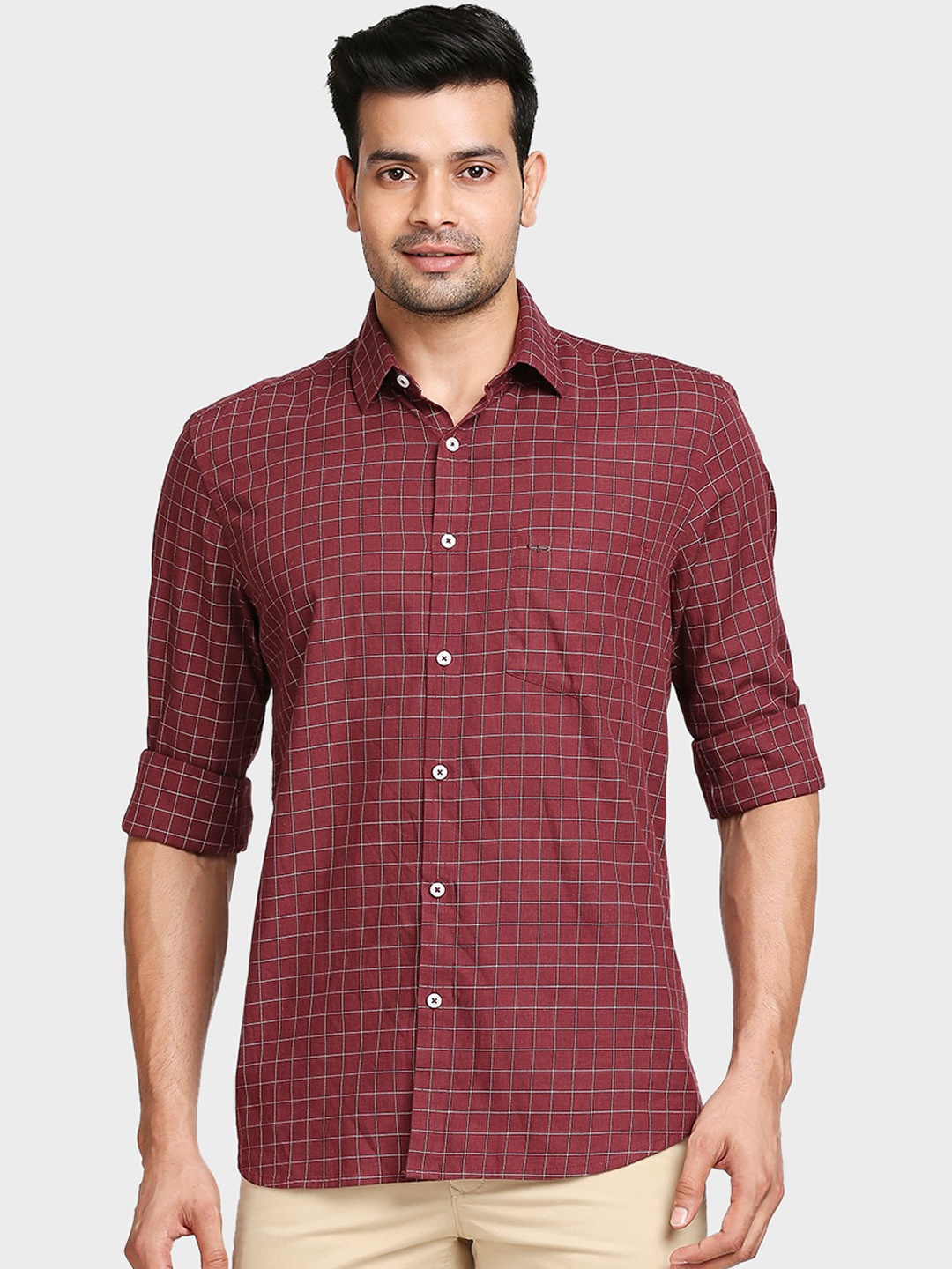 

ColorPlus Men Maroon Tailored Fit Grid Tattersall Checks Opaque Checked Casual Shirt