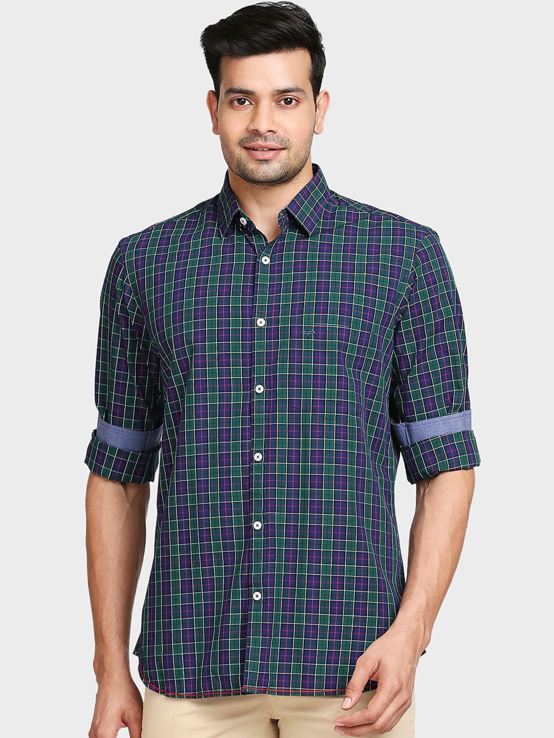 

ColorPlus Men Green & Blue Checked Tailored Fit Casual Shirt