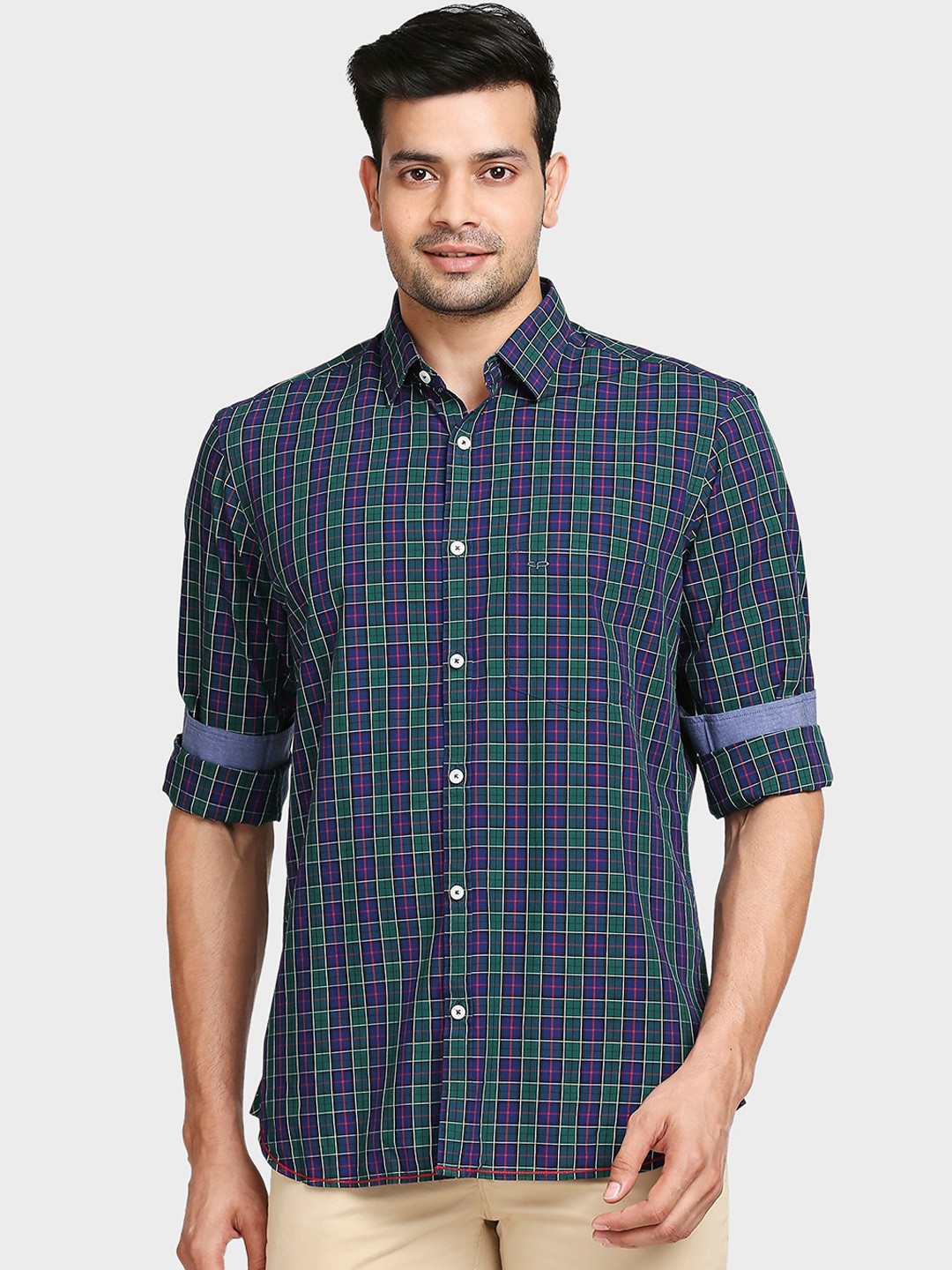 

ColorPlus Men Green Tailored Fit Opaque Checked Casual Shirt
