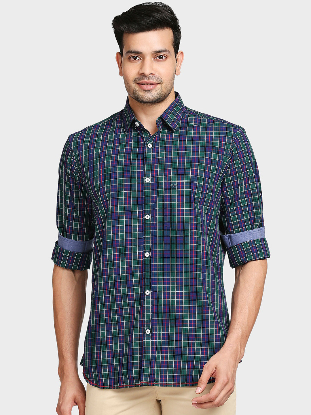 

ColorPlus Men Green Tailored Fit Opaque Checked Casual Shirt
