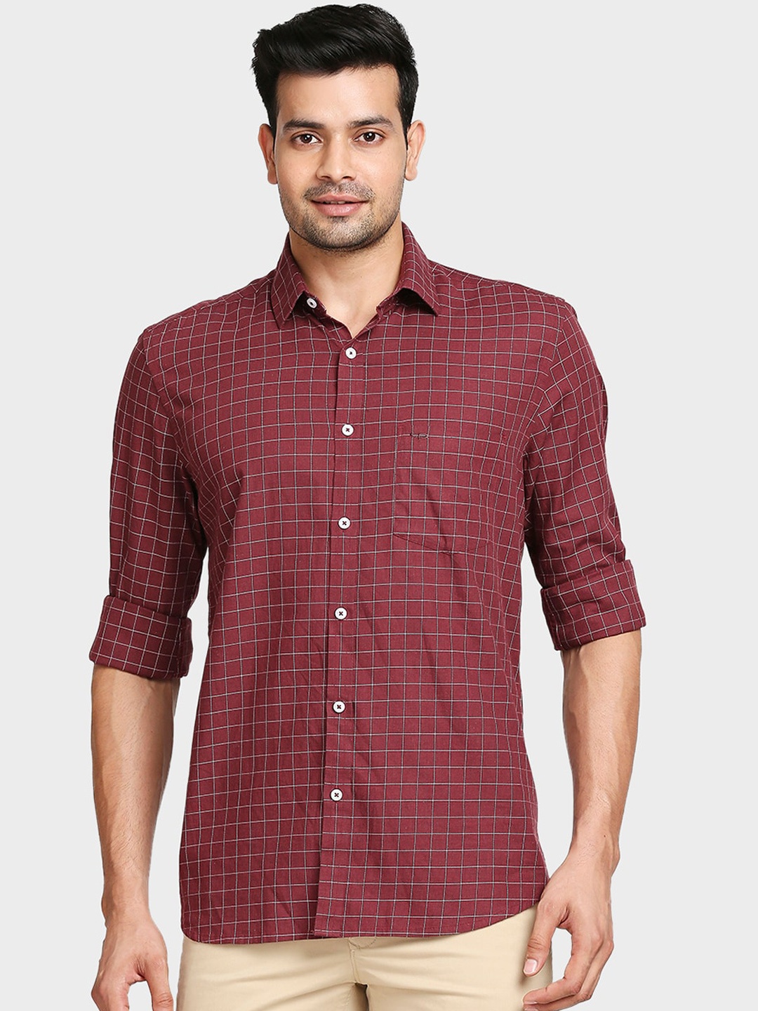 

ColorPlus Men Red Tailored Fit Grid Tattersall Checks Opaque Checked Casual Shirt