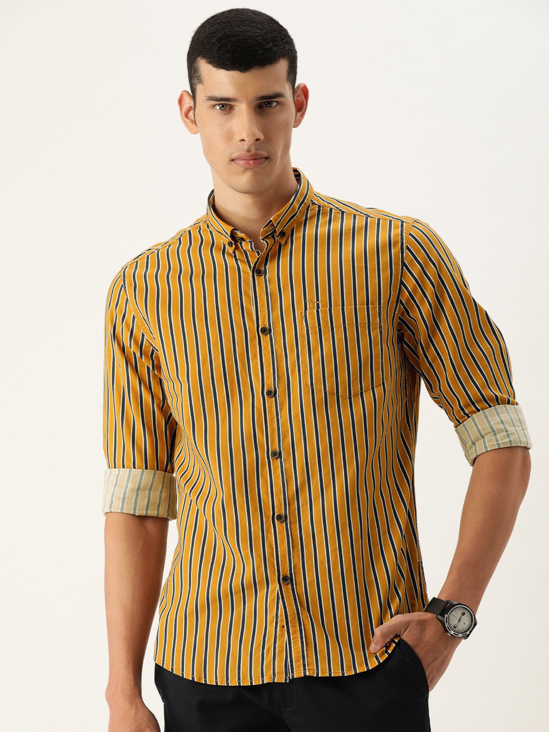 

Flying Machine Men Mustard Yellow & Blue Slim Fit Striped Casual Shirt