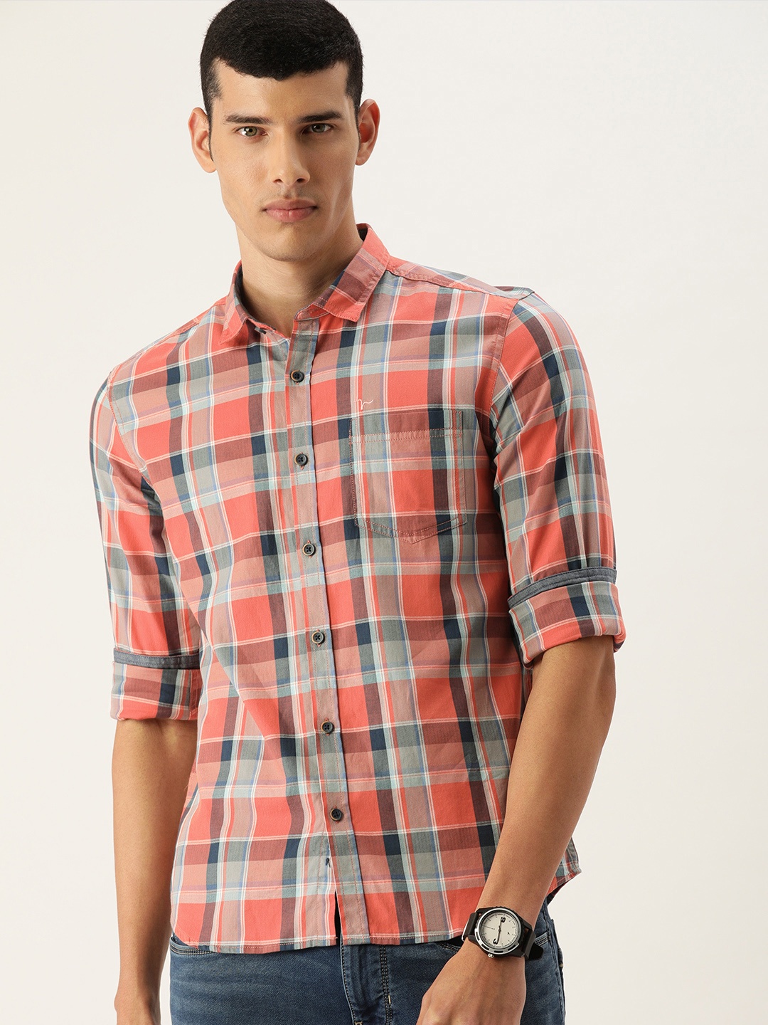 

Flying Machine Men Coral Orange Slim Fit Opaque Checked Casual Shirt