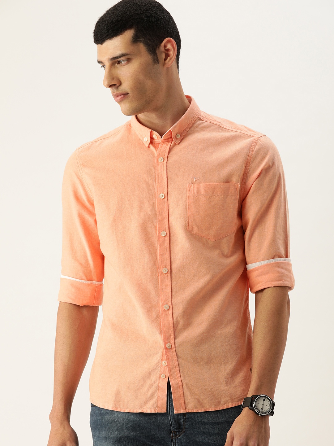 

Flying Machine Men Orange Self Design Slim Fit Casual Shirt