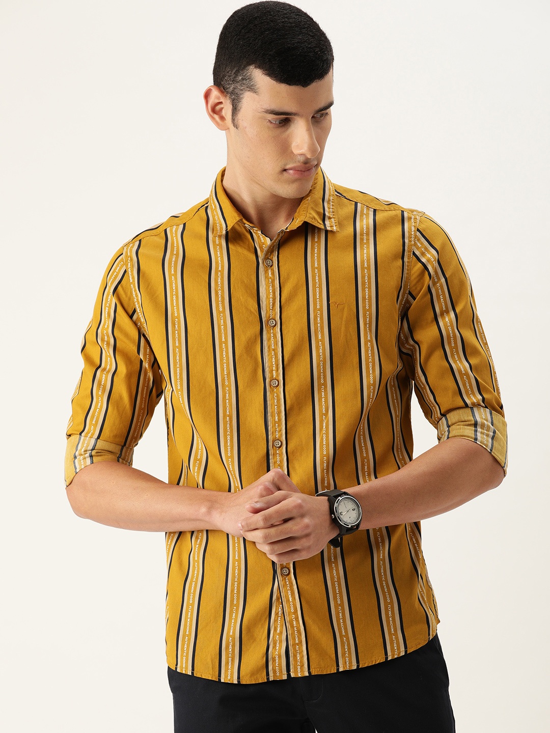 

Flying Machine Men Mustard Yellow & Navy Blue Slim Fit Striped Casual Shirt