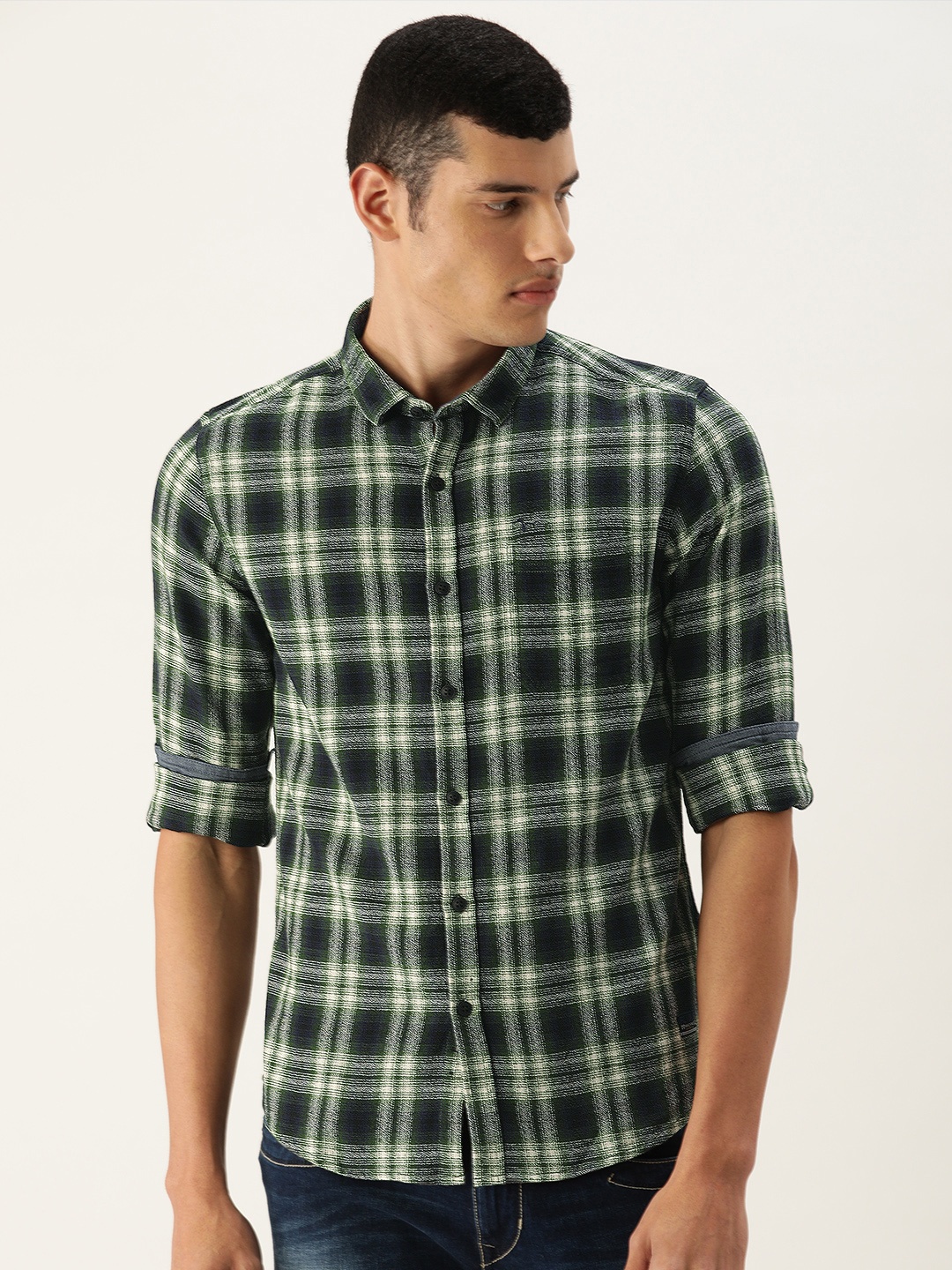 

Flying Machine Men Green & White Slim Fit Opaque Checked Casual Shirt