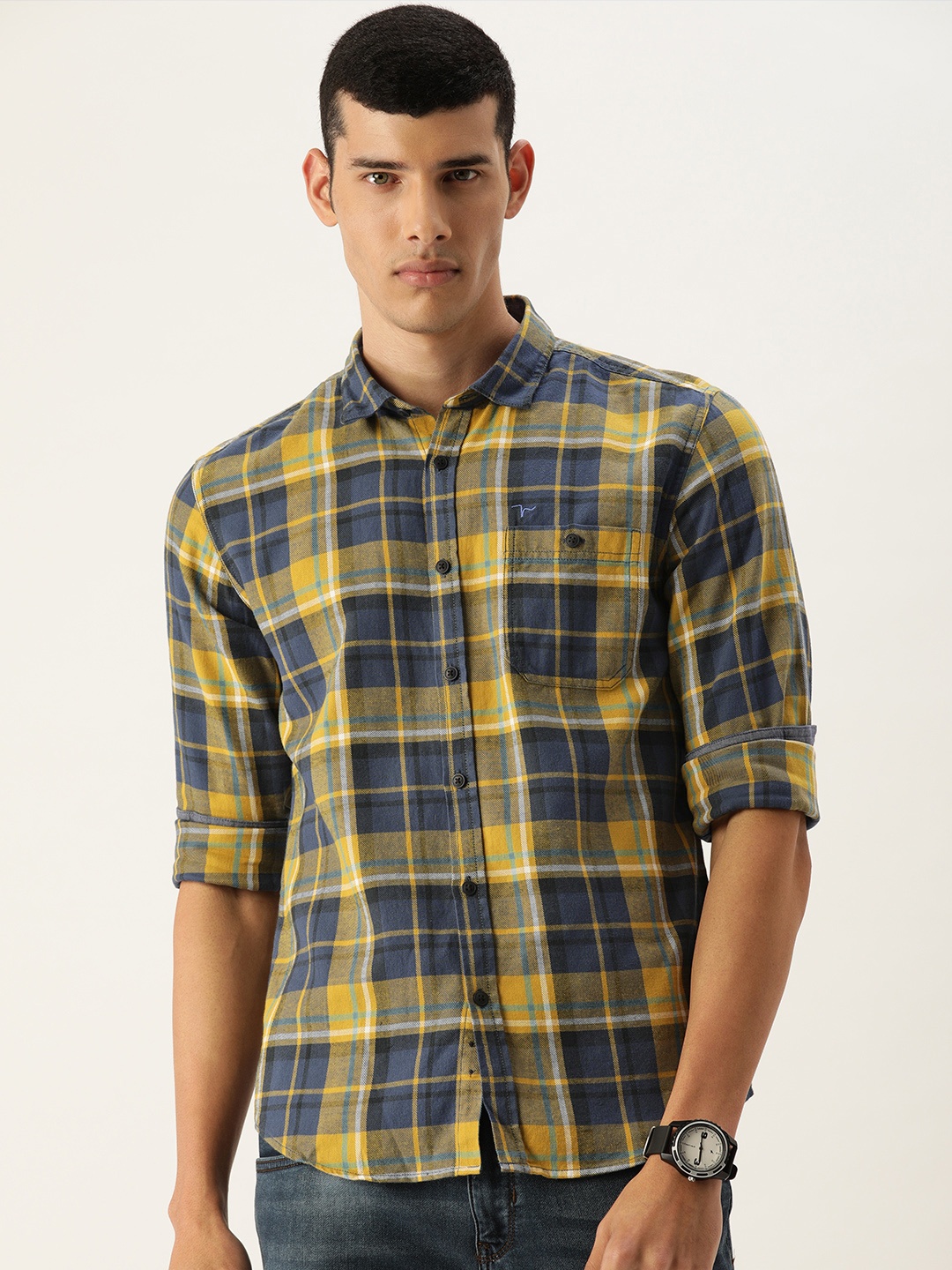 

Flying Machine Men Navy Blue Slim Fit Opaque Checked Casual Shirt