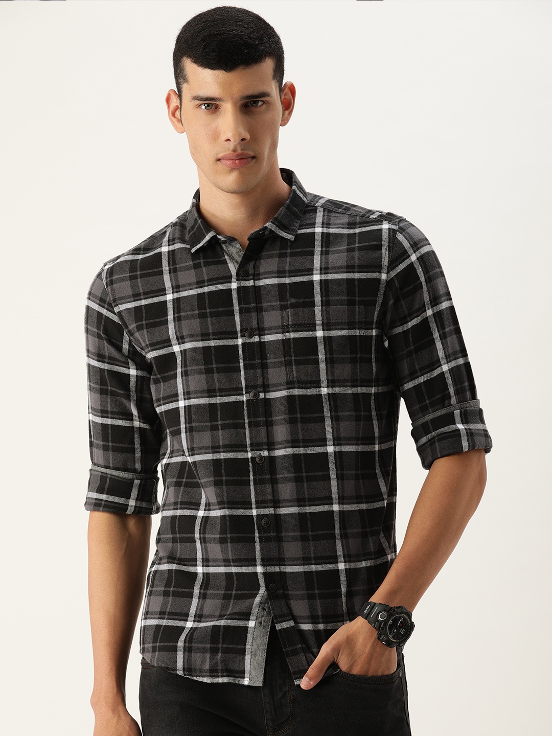 

Flying Machine Men Charcoal Grey & White Slim Fit Opaque Checked Casual Shirt