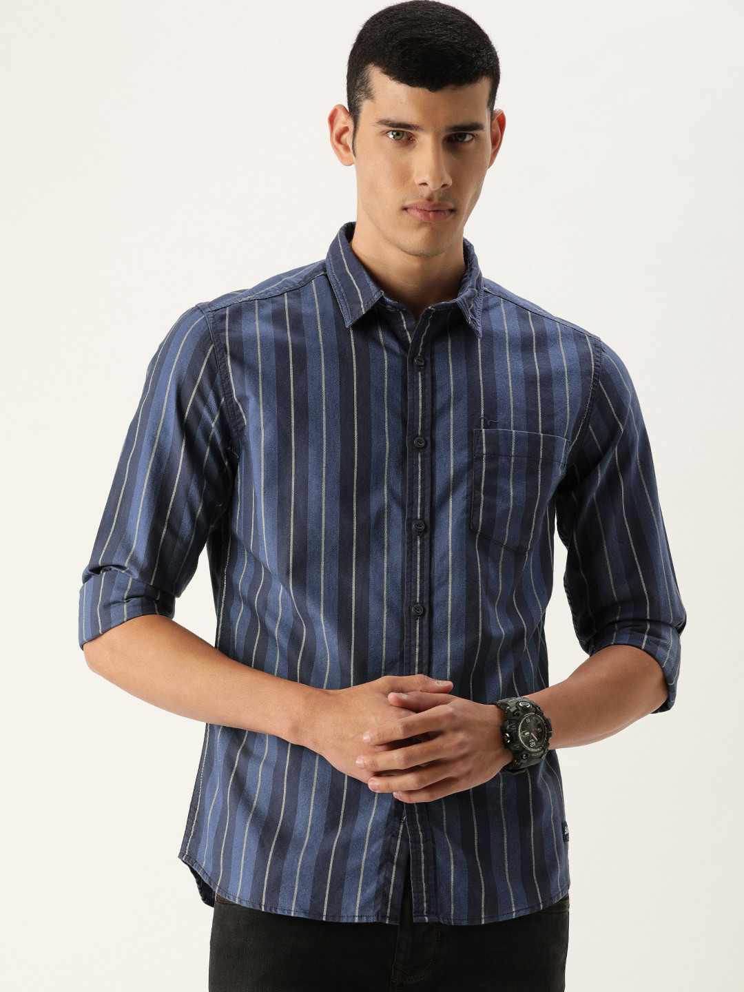 

Flying Machine Men Blue & Grey Slim Fit Opaque Striped Casual Shirt