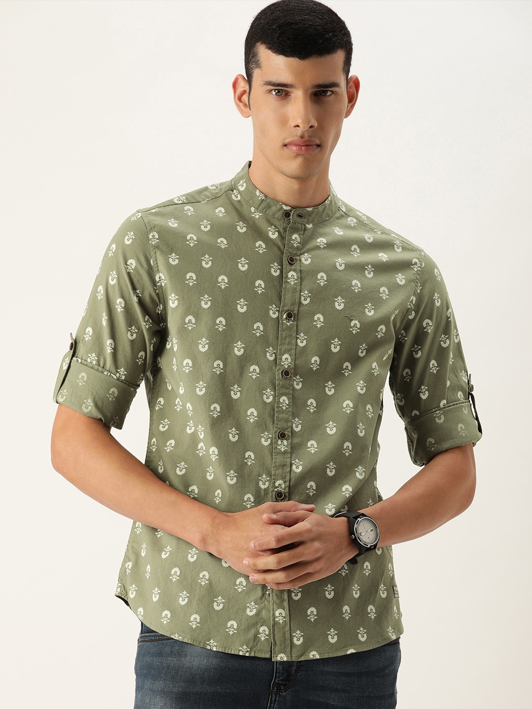 

Flying Machine Men Olive Green Slim Fit Floral Opaque Printed Casual Shirt