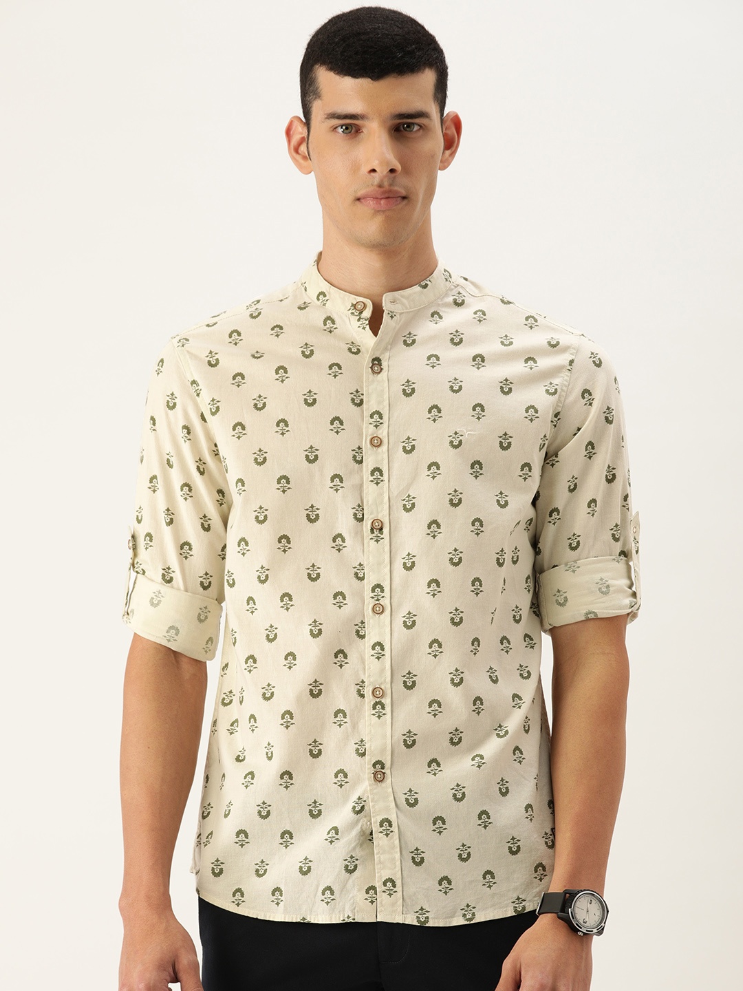 

Flying Machine Men Beige & Green Slim Fit Floral Pint Casual Shirt